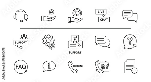 Vivid line art icon set for customer service and support, featuring elements like headphones, hands holding icons, live chat, support tickets, gears, FAQ, information bubbles, hotline phones