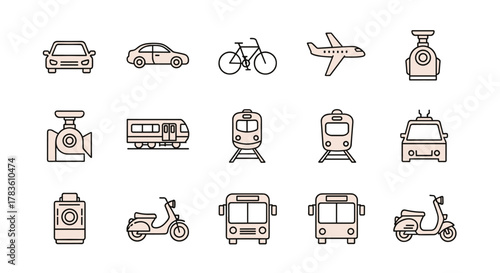 Vibrant and diverse transport icon set, featuring a car, airplane, train, bicycle, motorbike, bus, and scooter, presented as a clean, ordered line icon collection on a white background, perfect for