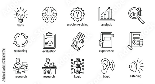 Critical Thinking Icon Set: A Comprehensive Collection of Visual Representations for Cognitive Processes, Including Icons for Thinking, Problem-Solving, Analysis, Reasoning, Evaluation, Experience