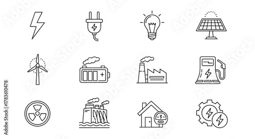 Set of clean line icons representing various forms of energy and electricity, including lightning bolt, power plug, light bulb, solar panel, wind turbine, battery, factory, gas station, nuclear