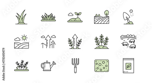 Set of line icons representing agricultural and gardening concepts: grass, lawn, field, garden, landscape, growth, herbs, pasture, turf, with editable strokes and vector illustration, showcasing