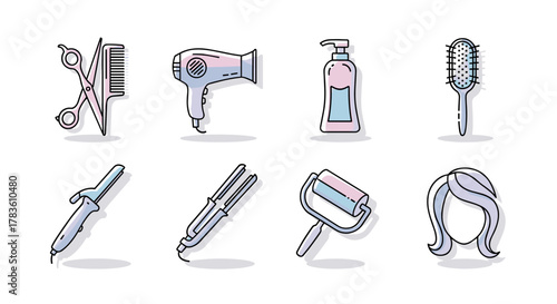 A collection of eight flat design icons representing hair salon and beauty tools, including scissors, a comb, a hairdryer, a pump bottle, a hairbrush, a curling iron, a flat iron, and a hairstyle