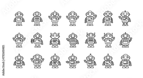 Collection of 18 simple line art robot icons and characters, presented in a clean, ordered grid on a white background, perfect for technology and futuristic design themes. Each robot has a unique