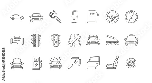 Collection of car-related line icons on a clean white background, featuring vehicles, keys, fuel pumps, traffic signals, tools, and interior components, ideal for automotive and transport themes.
