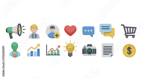 Set of 3D social media and business icons, including a megaphone, user profiles, heart, chat bubbles, shopping cart, bar charts, lightbulb, camera, document, and coin, presented on a clean white