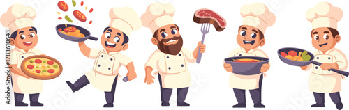Cartoon chefs cooking pizza pasta meat vegetables, professional culinary team in kitchen, animated food preparation illustration