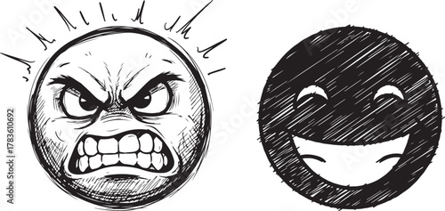 Hand-drawn Sketch of Contrasting Angry and Happy Emoticon Faces