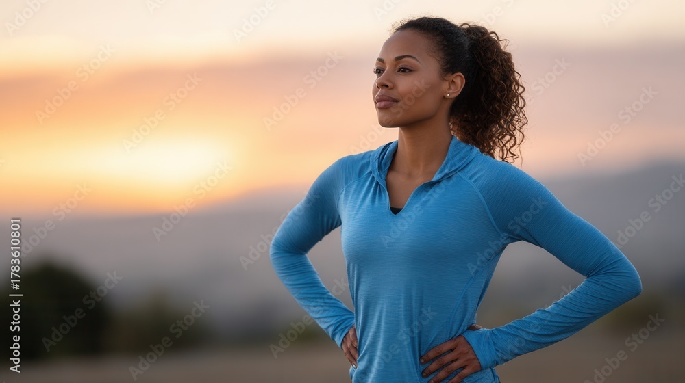 Fototapeta premium A confident woman stands outdoors in athletic wear during sunset, showcasing strength and determination. Ideal for fitness and wellness themes.