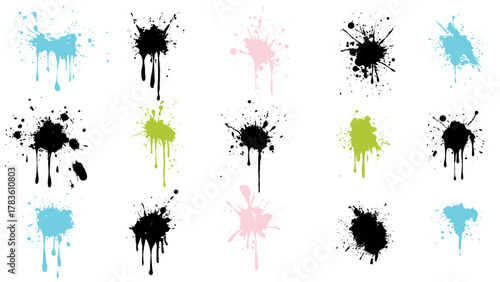 Set of paint splash colorful shapes. Round ink flat splashes, decorative shapes of liquids. Holi spring festival set. Isolated vector illustration