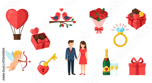 Happy Valentine's Day vector cartoon illustration set on a white background, featuring romantic symbols like a heart-shaped hot air balloon, love birds, a couple holding hands, a diamond ring