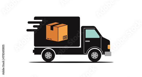 Dynamic and modern minimalistic icon pictogram representing global delivery services, featuring a sleek black truck with a prominent orange shipping box labeled 'BD' in its cargo area, conveying