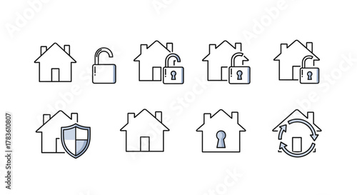 Collection of house and lock icons representing security, safety, and access control, presented in a clean, modern line art style with a white background. This set includes icons for locked and