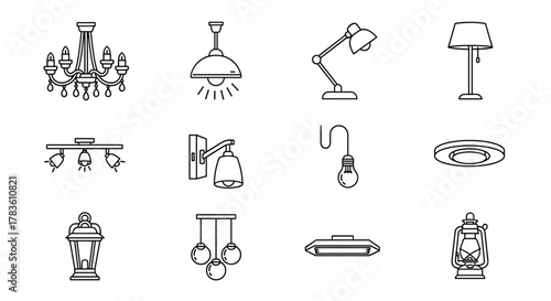Collection of simple line icons representing various types of lamps and chandeliers, including chandeliers, ceiling lights, desk lamps, floor lamps, wall sconces, pendant lights, flush mounts