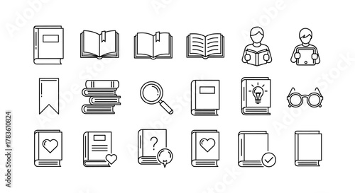 A comprehensive line icon set dedicated to reading and education, featuring diverse symbols such as books, bookmarks, magnifying glass, eyeglasses, and people engaged in reading, perfect for graphic