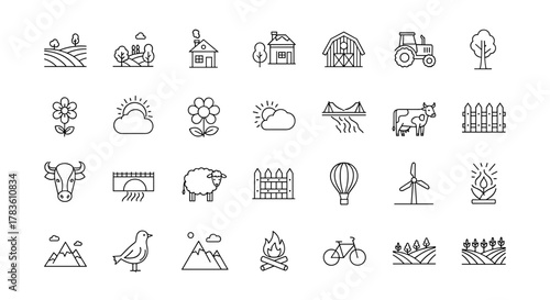 A collection of thin line icons representing countryside and landscape elements, including farms, fields, animals, natural scenery, and rural activities, presented on a white background with editable