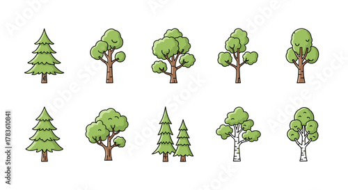 A vibrant collection of ten cartoon-style trees, featuring both evergreen conifers and deciduous trees with lush green foliage, presented on a clean white background, perfect for graphic design, app
