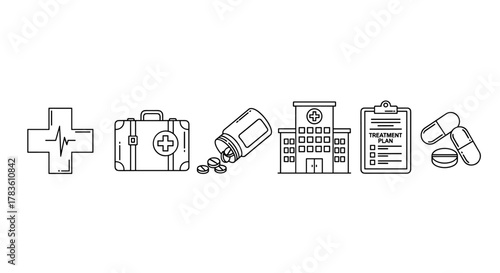 A clean and modern outline icon collection representing medical concepts, including a heartbeat pulse cross, a first aid kit suitcase, a spilling medicine bottle with pills, a hospital building, a