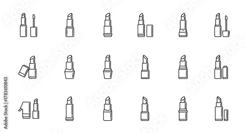 A collection of minimalistic line icons representing various lipstick and lip gloss styles, perfect for web and graphic design, apps, banners, social networks, and cards. This vector cartoon