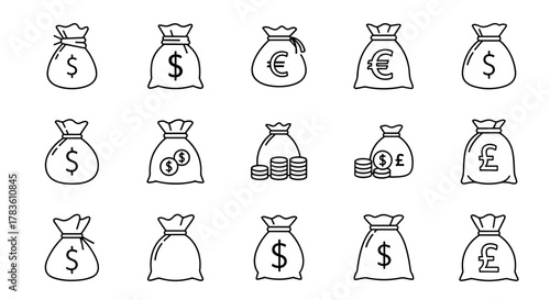 Collection of outline money bag icons featuring dollar, euro, and pound symbols, along with stacks of coins, perfect for financial infographics, articles, books, flyers, and banners. This editable