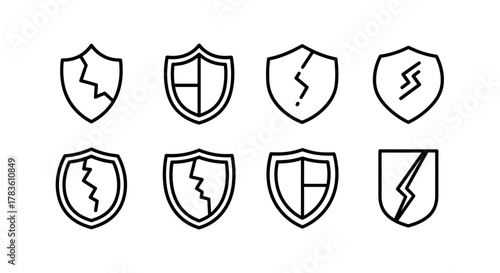Set of minimalistic line art icons representing cracked and intact shields, symbolizing protection, security, and vulnerability. These vector graphics are perfect for app interfaces, web design, and