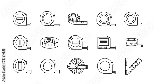 Collection of simple linear outline icons representing various types of measuring tapes and a ruler, perfect for web, books, cards, and apps. Editable stroke vector cartoon illustrations with a white