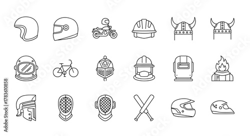 Collection of diverse helmet-related line icons, featuring protective headgear for various activities like motorcycling, construction, welding, fencing, and historical combat, alongside a bicycle and