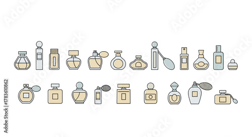 Collection of minimalistic perfume bottle icons and pictograms, perfect for web design, graphic design, apps, banners, social networks, and cards. This vector cartoon illustration features a variety