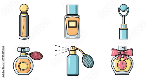 Collection of six stylized perfume bottles and atomizers, rendered in a flat, cartoon illustration style with clean lines and vibrant colors, perfect for graphic design, advertising, and digital
