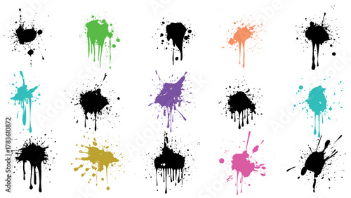 Ink drops and splashes. Blotter spots, liquid paint drip drop splash and ink splatter.  Different hand drawn spray design elements. Blobs and spatters