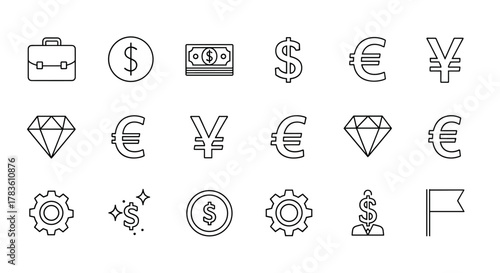 A collection of minimalistic linear pictograms representing business and finance concepts, including a briefcase, dollar coin, banknotes, dollar, euro, yen currency symbols, a diamond, gears, a