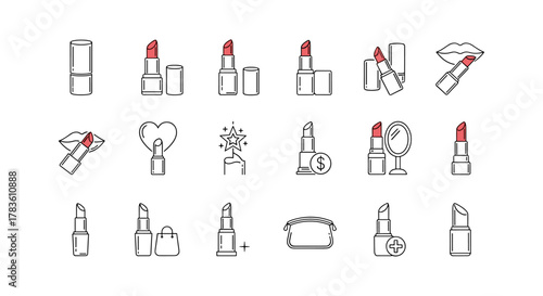 A vibrant pack of minimalistic line icons featuring lipsticks in various forms and contexts, including closed tubes, open tubes, application on lips, with a heart, a shopping bag, a mirror, a dollar