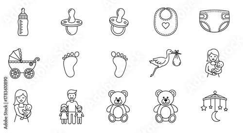 A charming set of line icons representing family and baby essentials, including a baby bottle, pacifiers, a baby carriage, footprints, a stork with a bundle, a mother holding a baby, a family