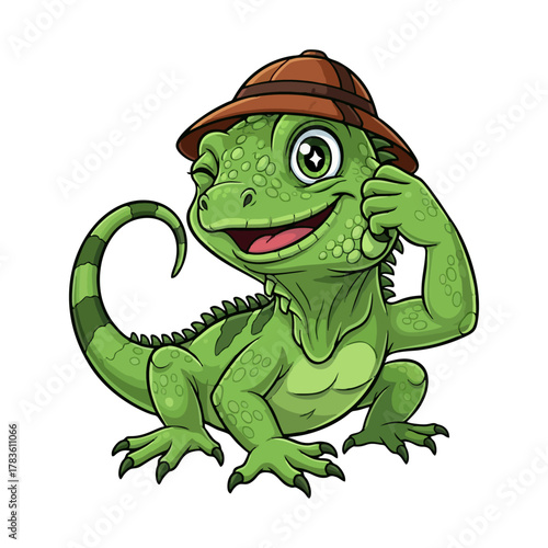 Cartoon iguana wearing a hat winking and smiling, isolated on white background.