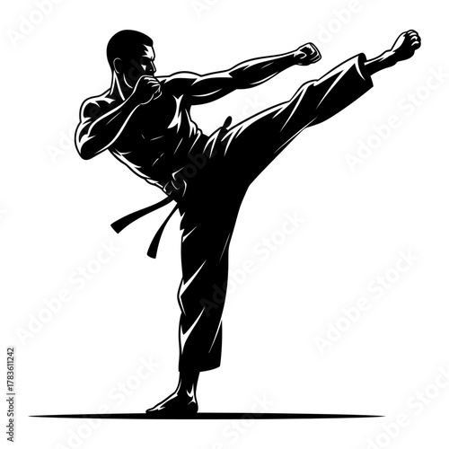 silhouette of martial artist performing high kick in karate pose black and white vector illustration of strength