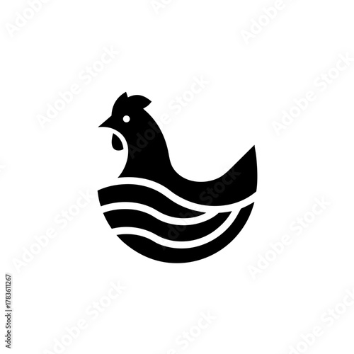 Stylized black chicken silhouette with wave design on transparent background