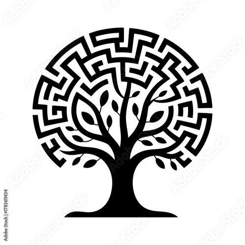silhouette of tree with circular maze branches black and white vector illustration symbolizing growth and wisdom