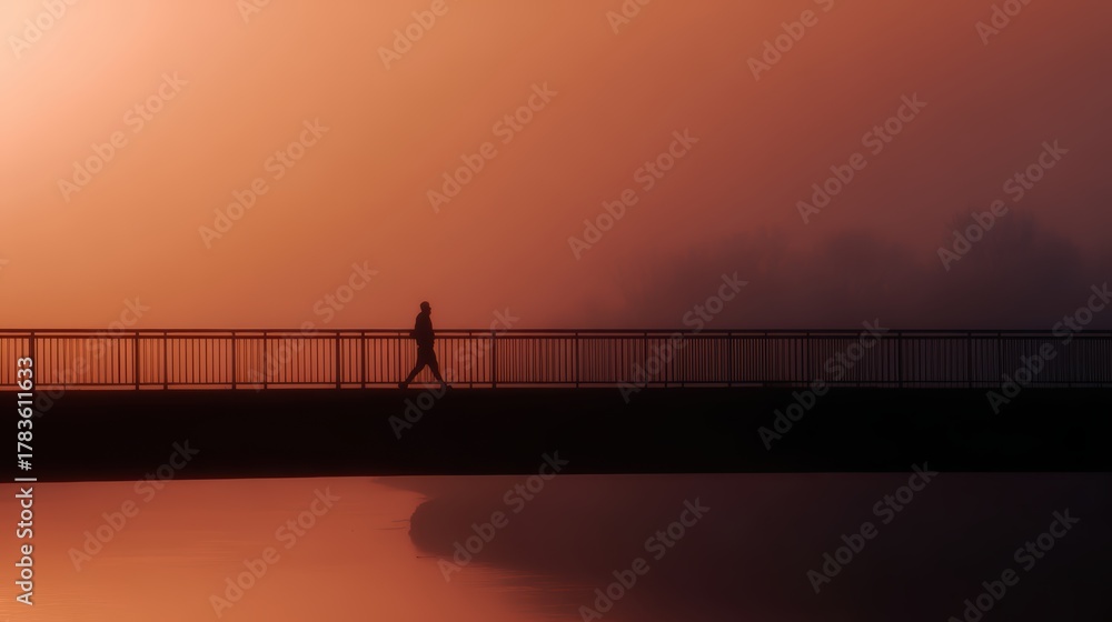 Fototapeta premium morning jogger crossing bridge with sunrise glow