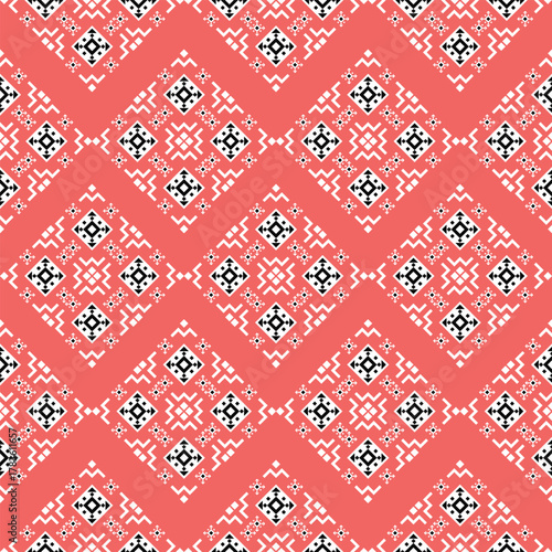 Seamless pattern of Coral Pink Ethnic Geometric Pattern - Traditional Nordic Folk Art Seamless Ornament.