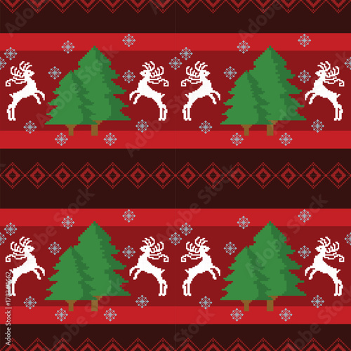 christmas seamless pattern with Reindeer and Christmas tree on red tone.