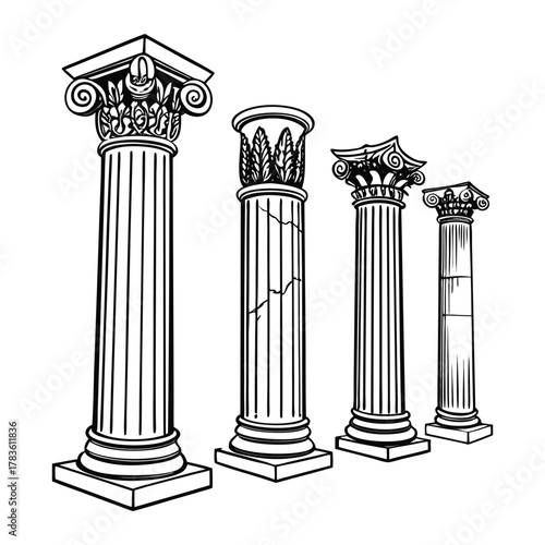 engraving ancient columns on white background