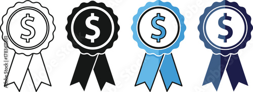 Award ribbon icons, dollar sign badges, financial recognition symbols, money prize vector, black and blue gradient ribbons, cartoon style, isolated on white background