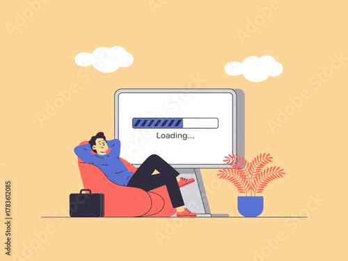 This illustration portrays a relaxed man lounging in a chair, looking at a loading screen on his computer, symbolizing patience, relaxation, and the modern digital experience.