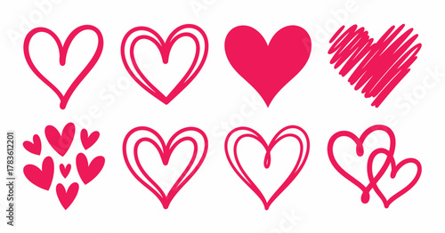 A delightful collection of hand-drawn heart illustrations showcasing various styles and forms, perfect for expressing love, affection, and emotional connections in design.