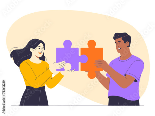 An engaging image of two diverse individuals enthusiastically connecting puzzle pieces, representing teamwork, collaboration, and the fusion of ideas in a vibrant, joyful setting.