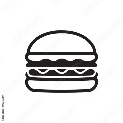 Silhouette style minimal burger t-shirt design featuring clean black vector art of a tasty burger, perfect for food lovers, fast-food fans, minimalist art enthusiasts, restaurant merch, and modern str