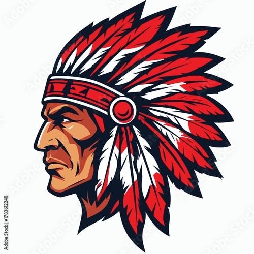 Native American Chief Profile with Traditional Feathered Headdress – Bold Tribal Heritage Illustration