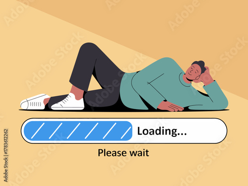 An illustration of a man lying casually beside a loading graphic, symbolizing patience and the concept of waiting in a light-hearted, humorous manner.