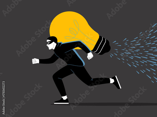 This dynamic illustration captures a burglar sprinting away with a large light bulb, suggesting themes of innovation theft, creativity, and the urgency of protecting ideas.