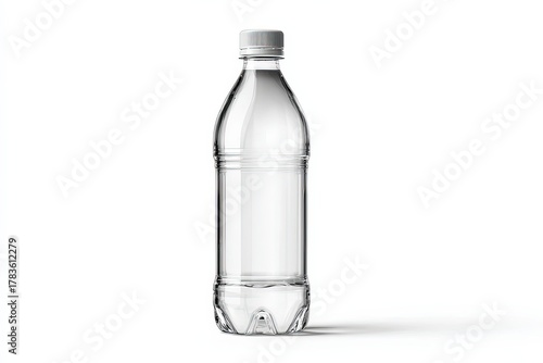 Pure Refreshment: A sleek, transparent water bottle, holding clear, refreshing liquid with a white cap, symbol of hydration and essential life source.