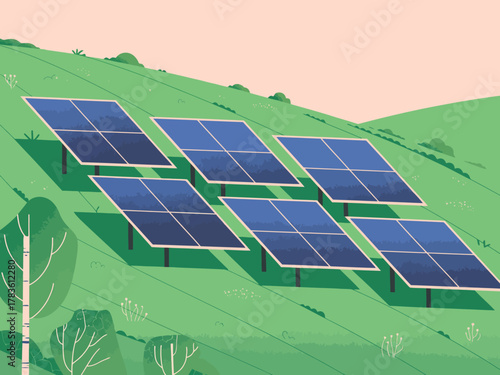 The image showcases a picturesque scene with solar panels installed on a lush hillside, symbolizing sustainable energy and the importance of renewable resources.